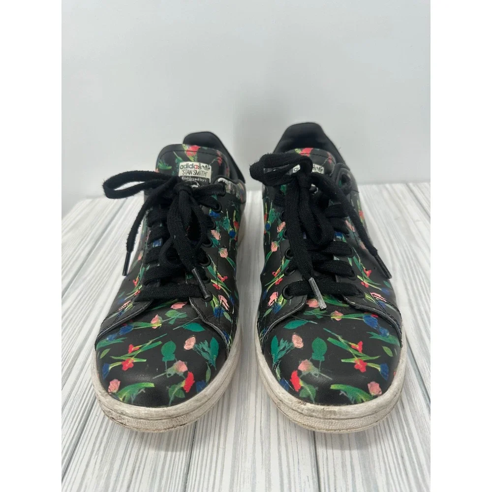 Adidas Original Stan Smith Shoes Women's 7.5 Black Floral‎ Print Sneakers EE4893